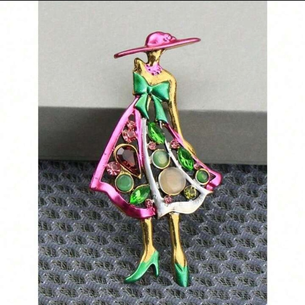 👒👗👛 FASHION BROOCH❗️ PINK & GREEN ENAMEL WITH RHINESTONES❗️STUNNING❗️ - Picture 4 of 4